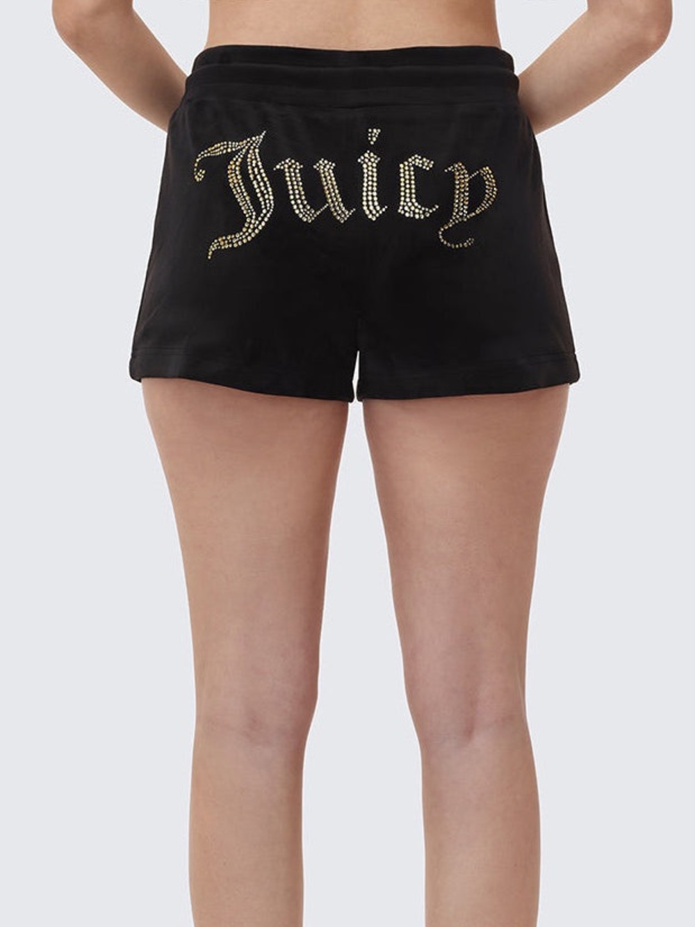 Juicy Couture Big Bling Velour Shorts Black Rhinestone Logo Size L